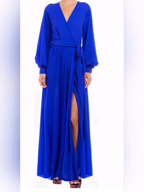 Meghan LA Dresses & Skirts - Nwt Meghan LA Los Angeles Dress M Royal Blue V-Neck Self Tie Wrap Maxi Small